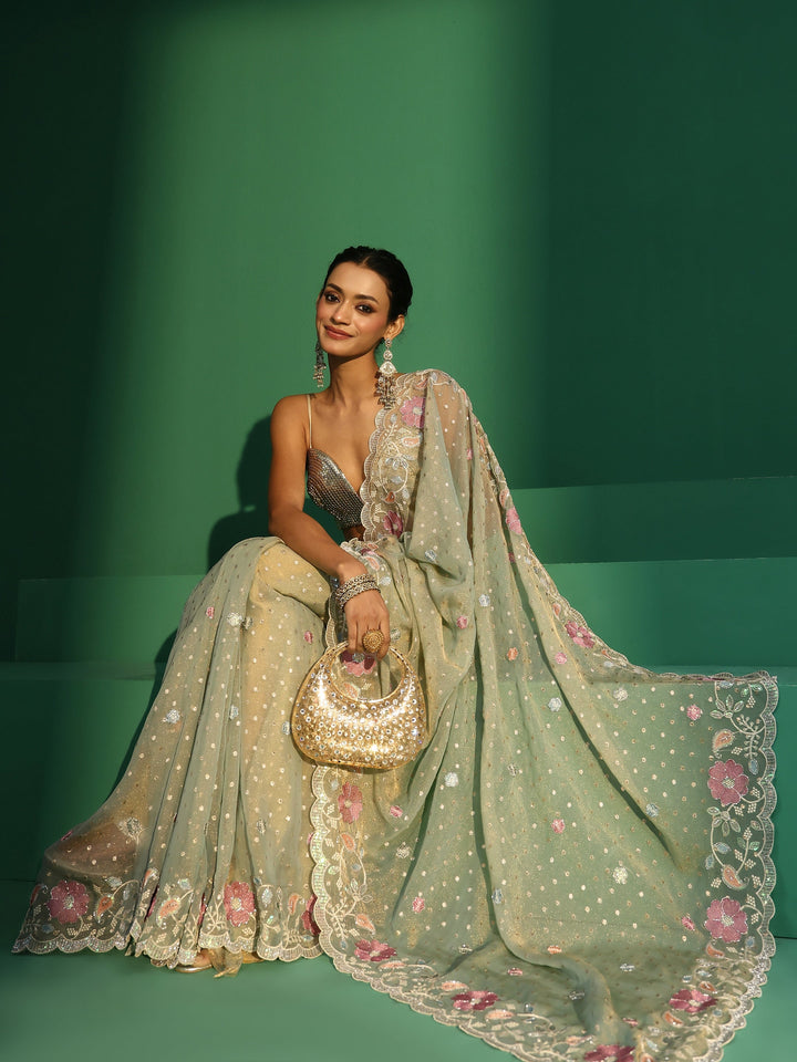 Libas Powder Blue Embellished Tissue Saree with Floral Embroidered Border