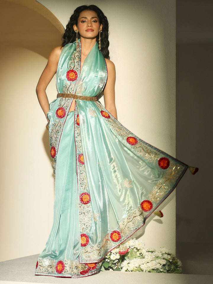 Libas Powder Blue Floral Embellished Tissue Saree