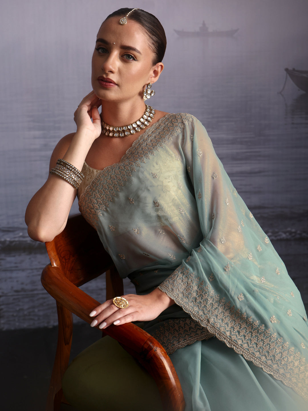 Libas Powder Blue Floral Embroidered Georgette Saree with Scalloped Border