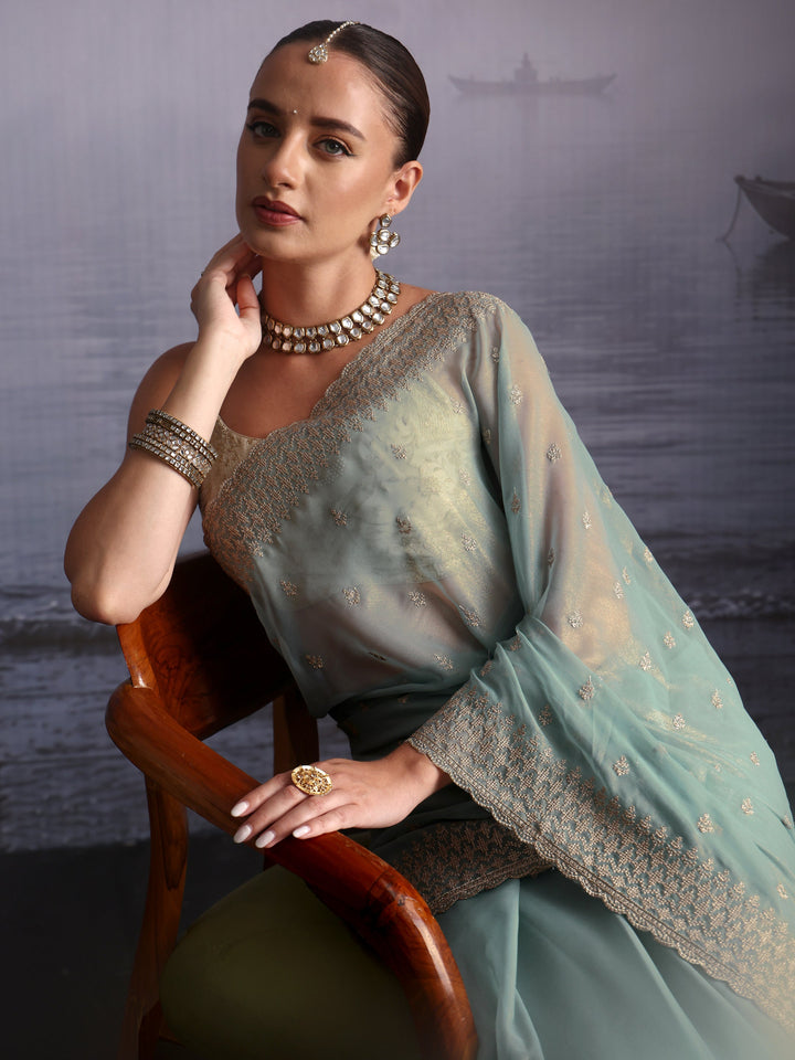 Libas Powder Blue Floral Embroidered Georgette Saree with Scalloped Border
