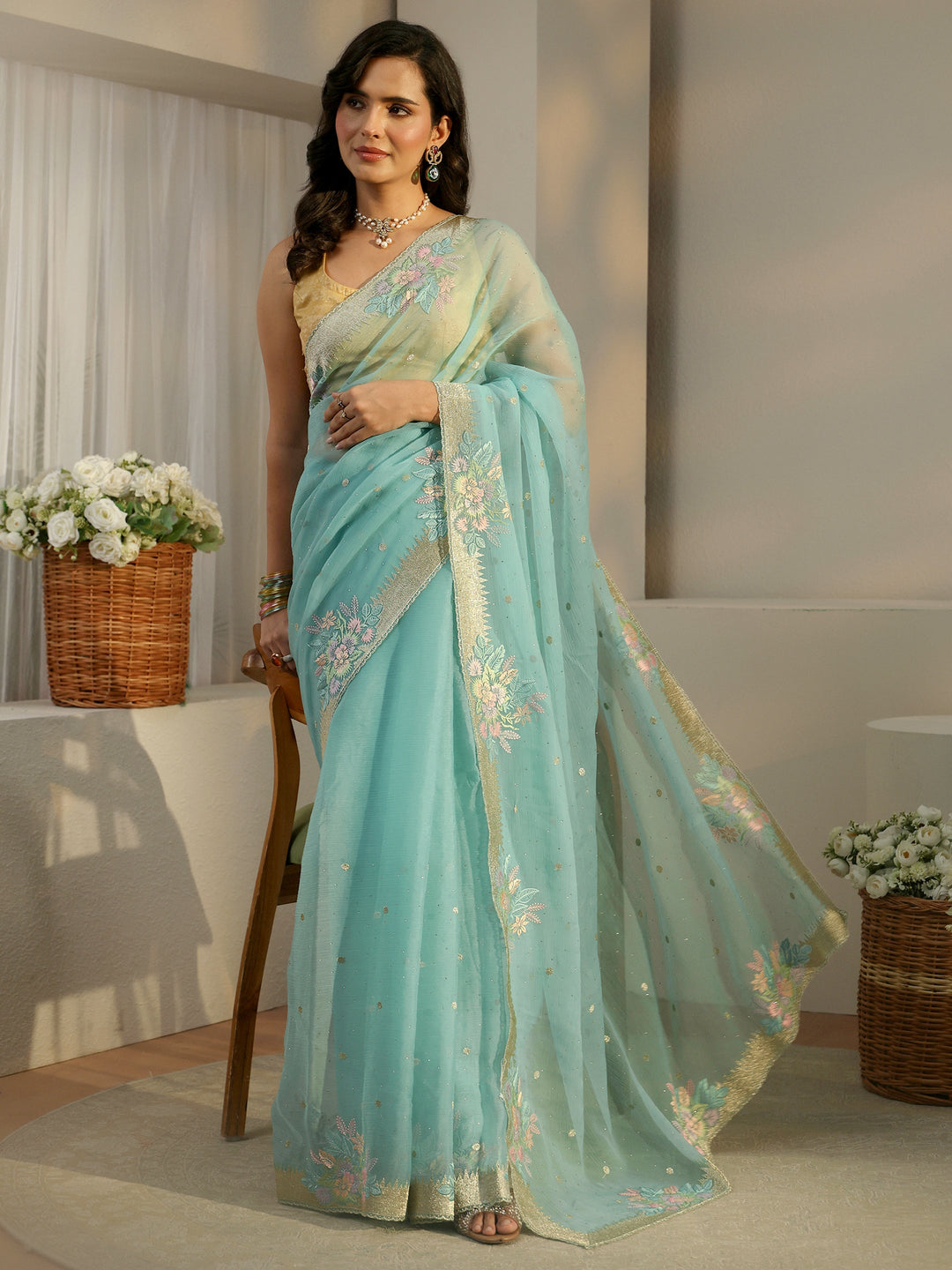 Libas Powder Blue Floral Embroidered Organza Saree