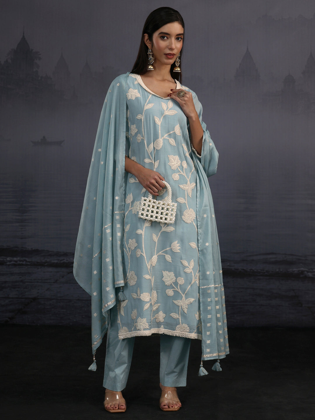Libas Powder Blue Floral Embroidered Silk Blend Straight Suit Set