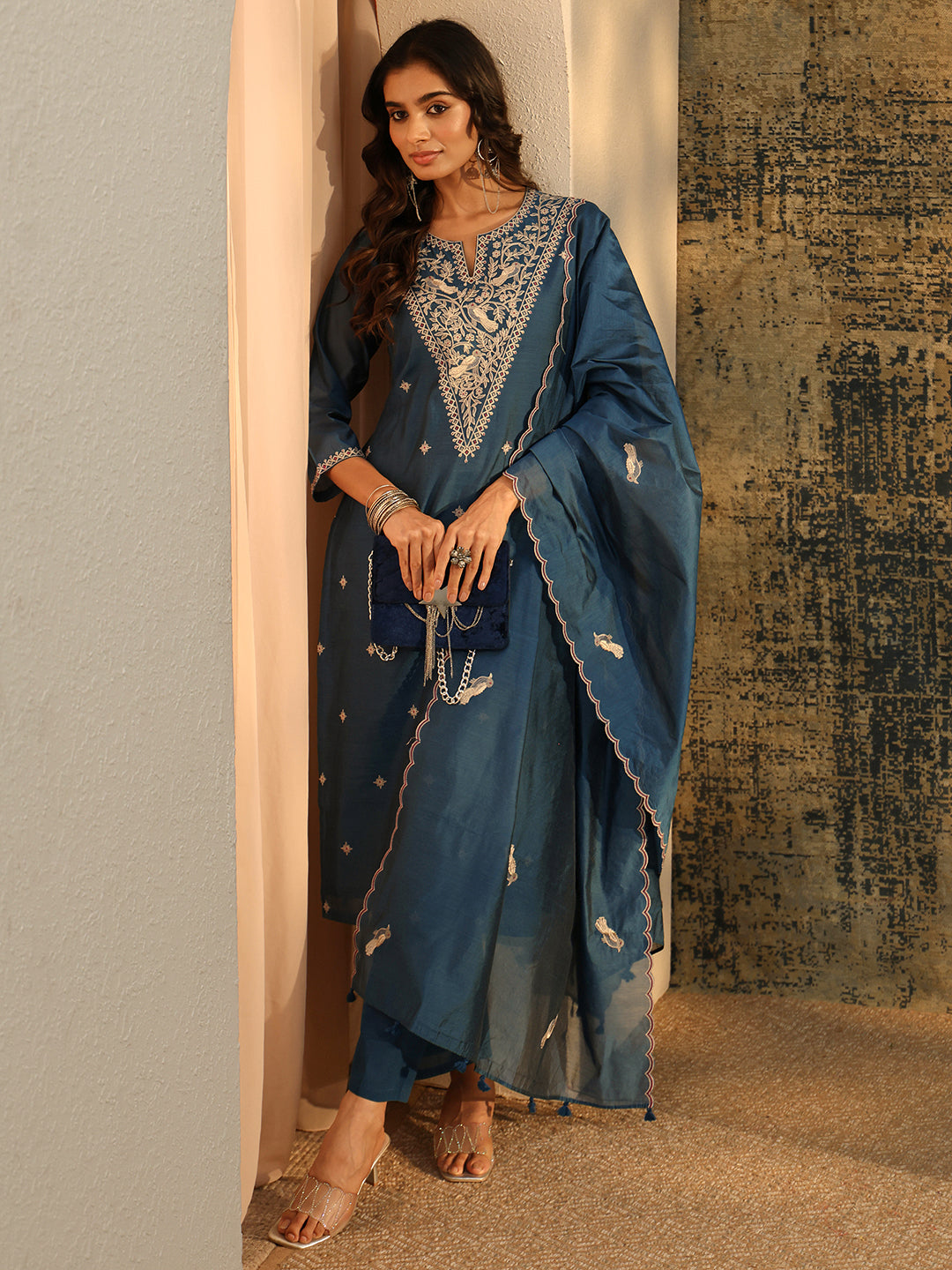 Libas Prussian Blue Embroidered Chanderi Silk Straight Suit Set