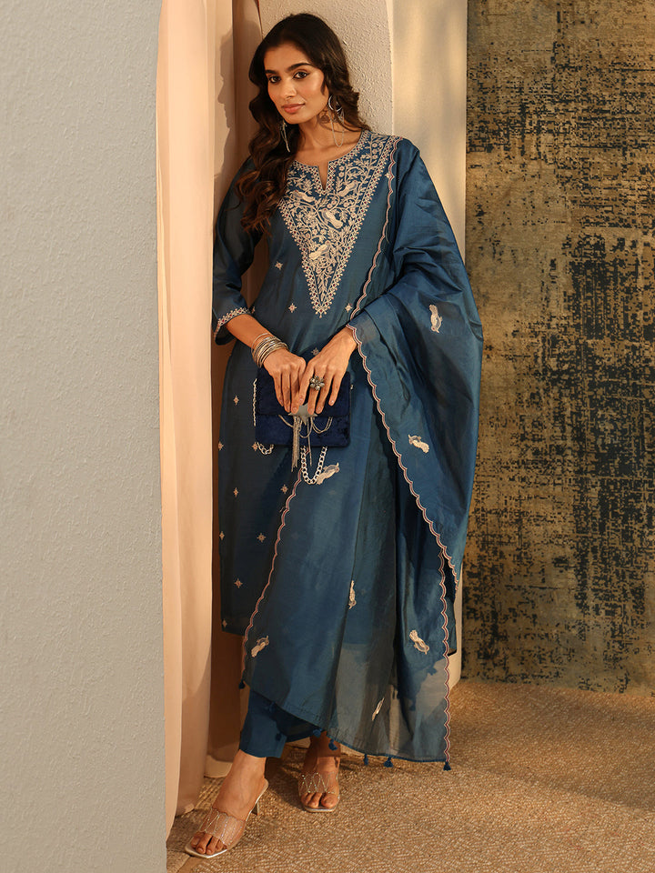 Libas Prussian Blue Embroidered Chanderi Silk Straight Suit Set