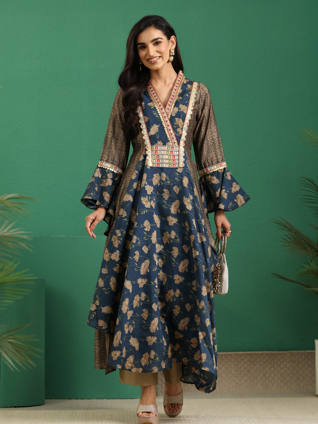Libas Prussian Blue Floral Printed Silk Blend Cowl Style Kurta