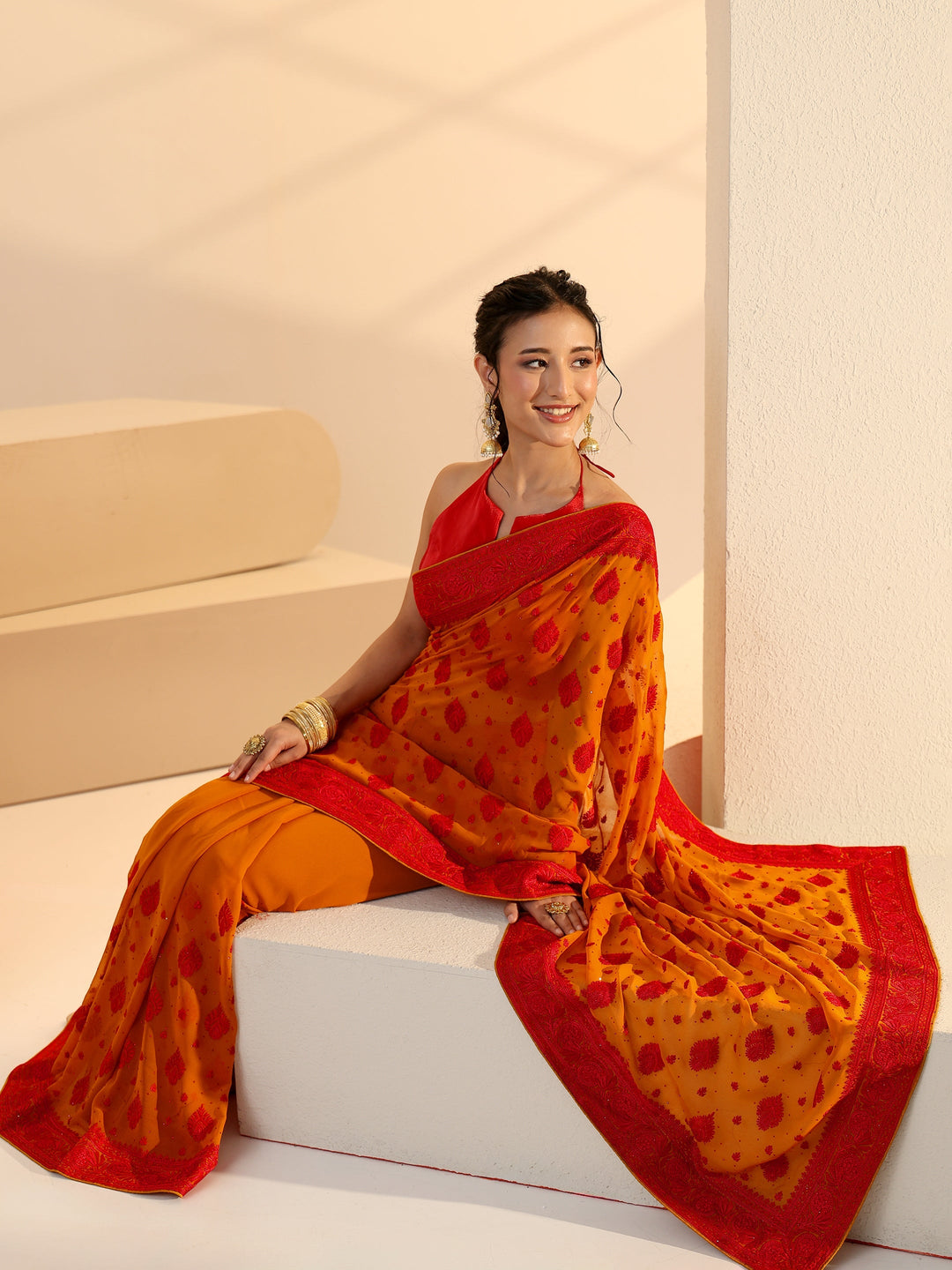 Libas Pulp Orange Georgette Saree with Embroidered Border