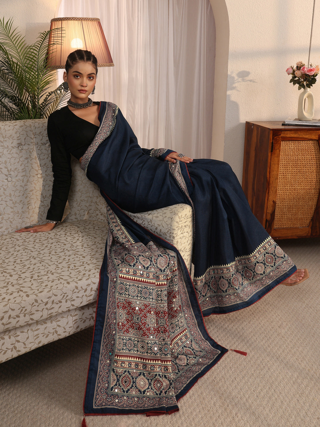 Libas Purple Ajrakh Printed Silk Blend Saree