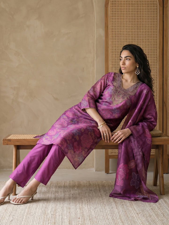 Libas Purple Bandhani Printed Tissue Straight Suit Set