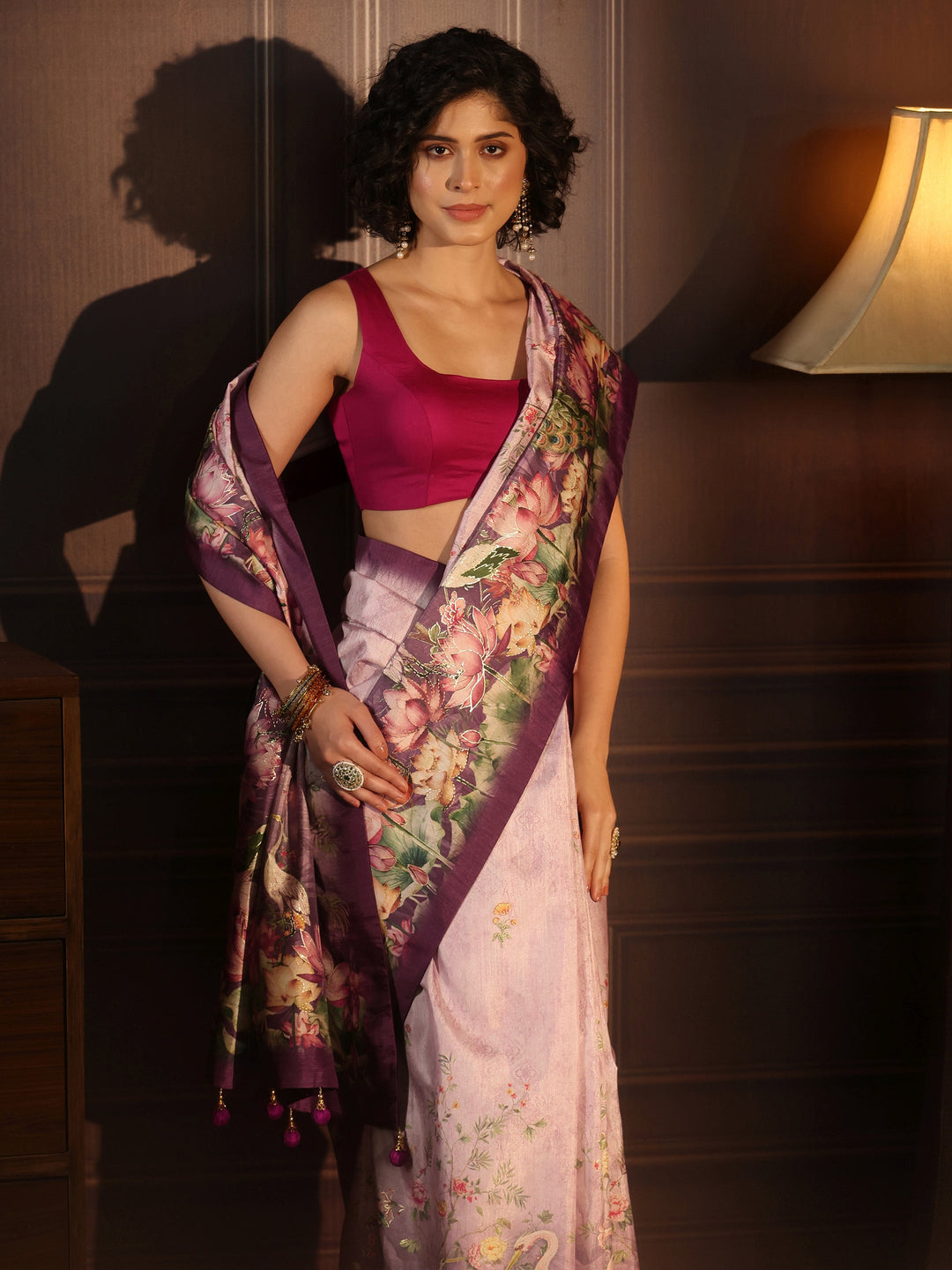 Libas Purple Botanical Printed Silk Blend Saree