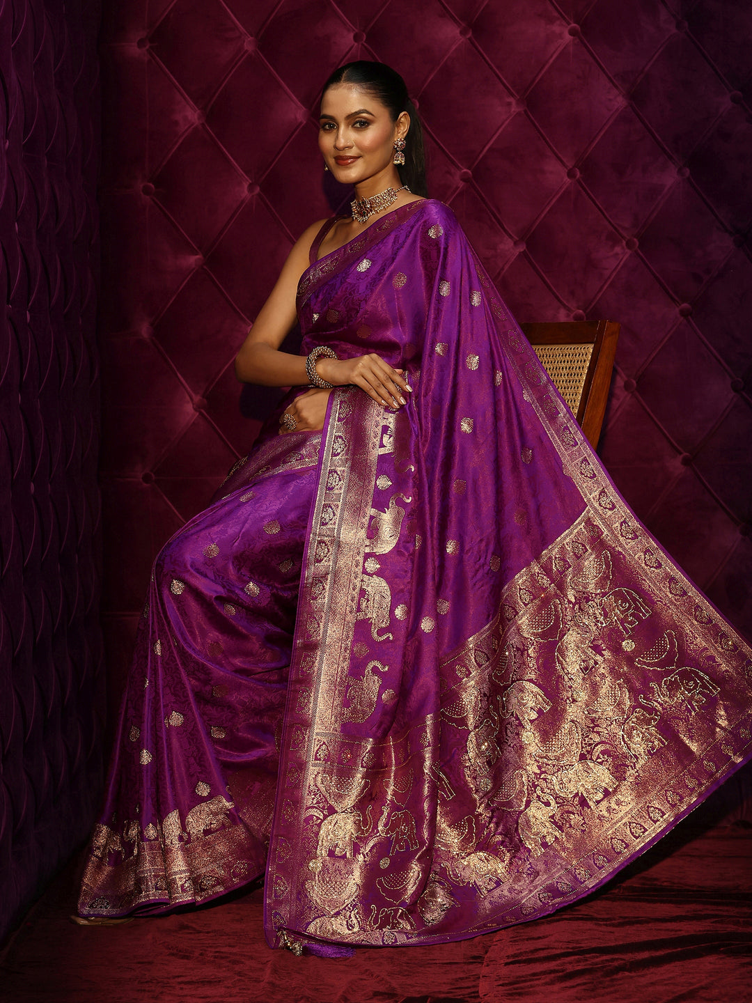 Libas Purple Elephant Woven Design Satin Saree