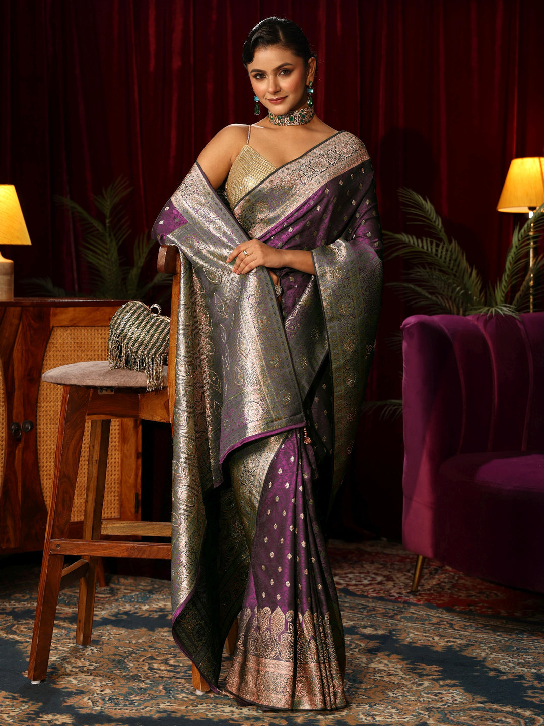 Libas Purple Embellished Satin Banarasi Saree