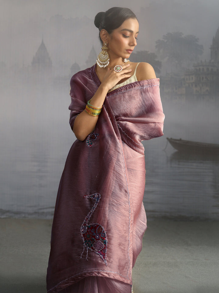 Libas Purple Embellished Tissue Saree with Applique Work
