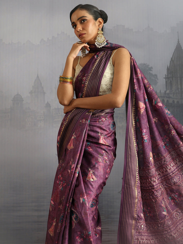 Libas Purple Embroidered Motifs Printed Silk Blend Tassel Saree