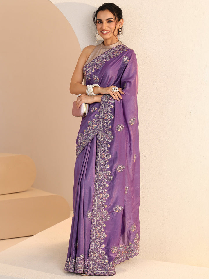 Libas Purple Embroidered Satin Saree