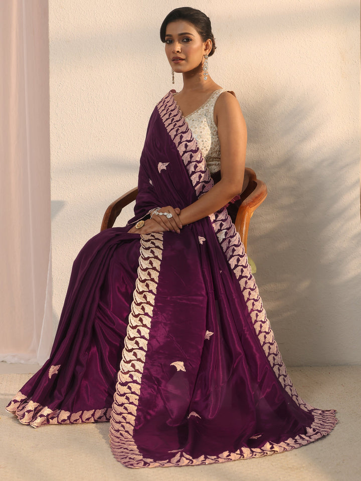 Libas Purple Embroidered Satin Saree