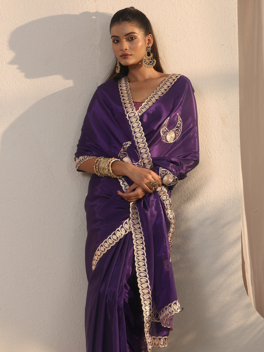 Libas Purple Ethnic Embroidered Satin Saree