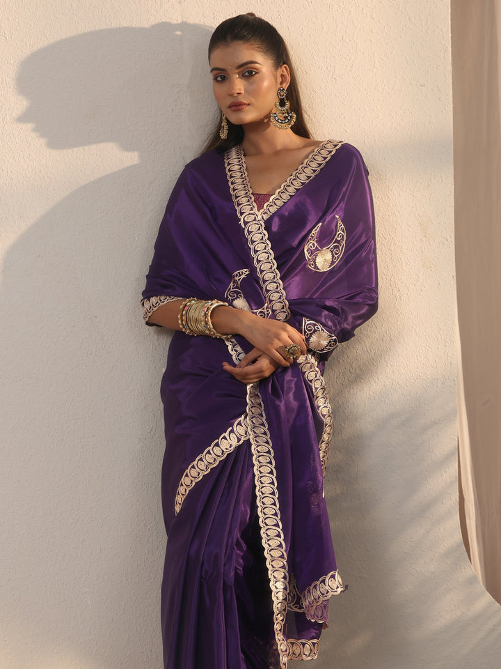 Libas Purple Ethnic Embroidered Satin Saree