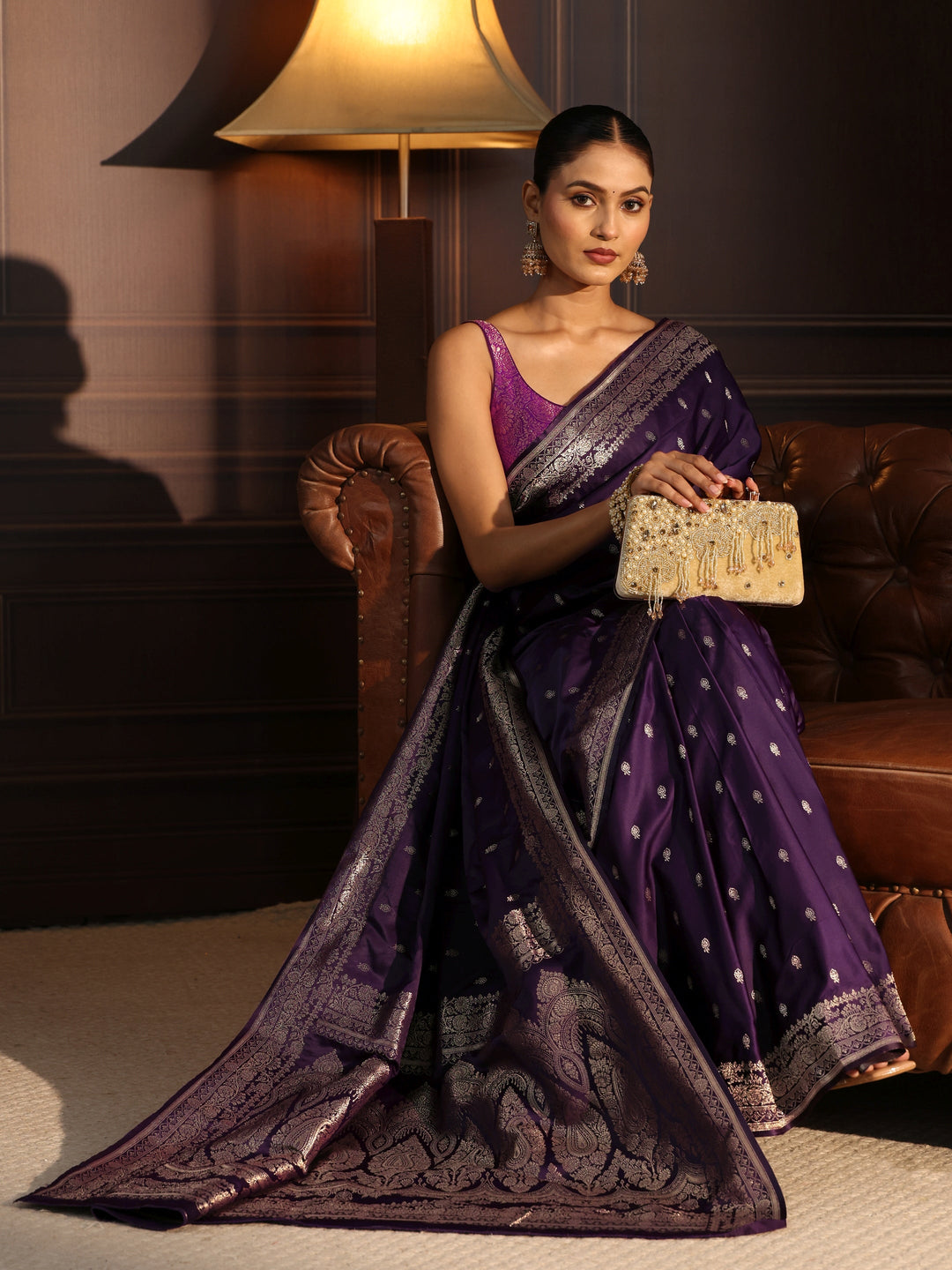 Libas Purple Ethnic Woven Design Satin Saree