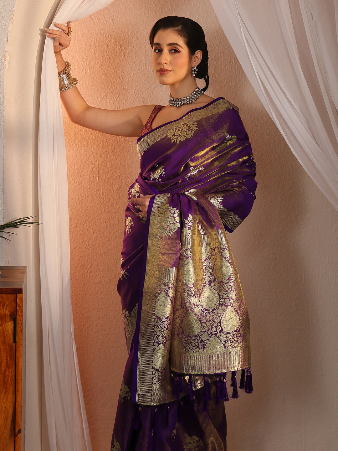 Libas Purple Ethnic Woven Design Satin Tassel Saree