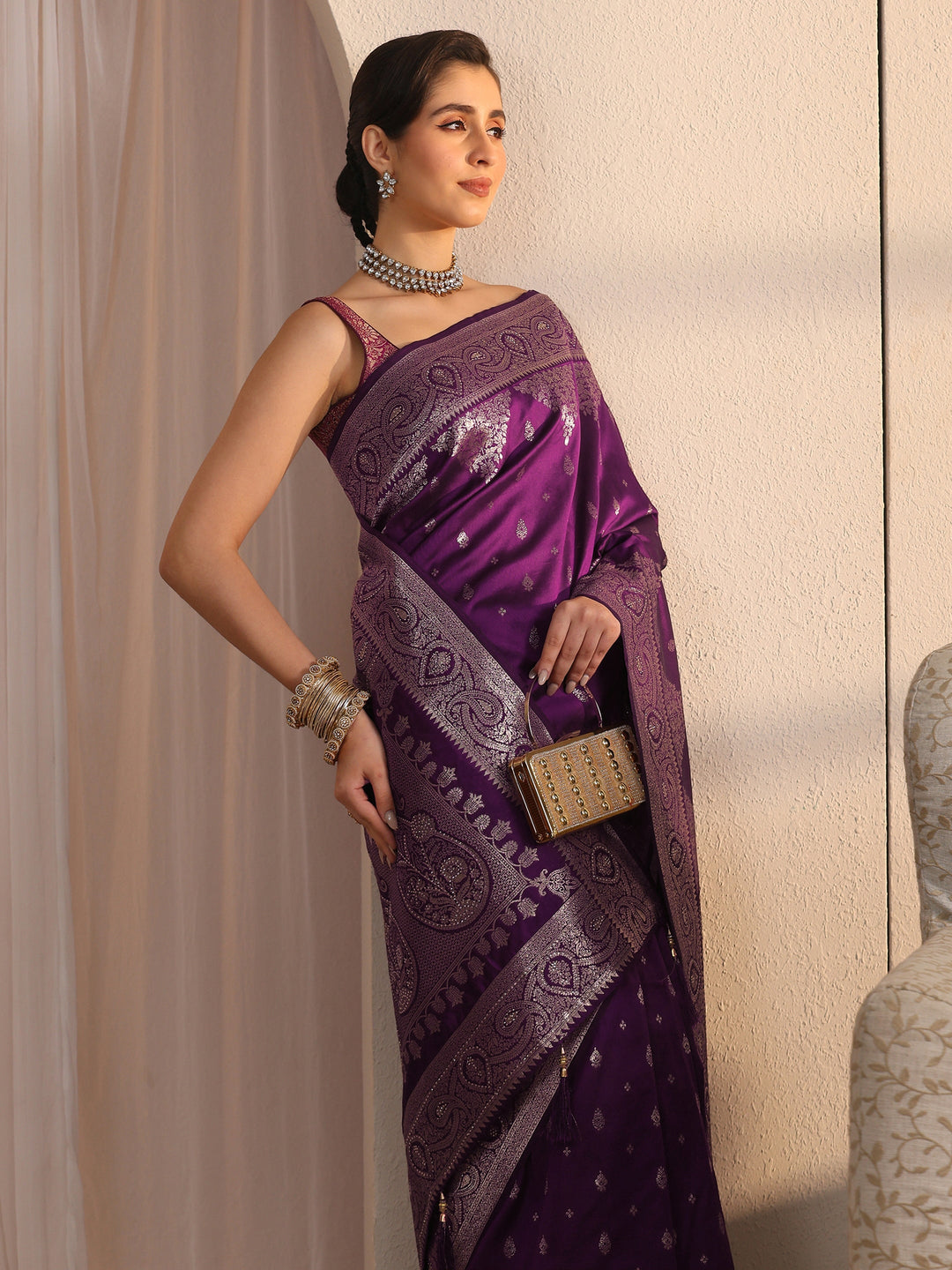 Libas Purple Ethnic Woven Design Silk Blend Saree