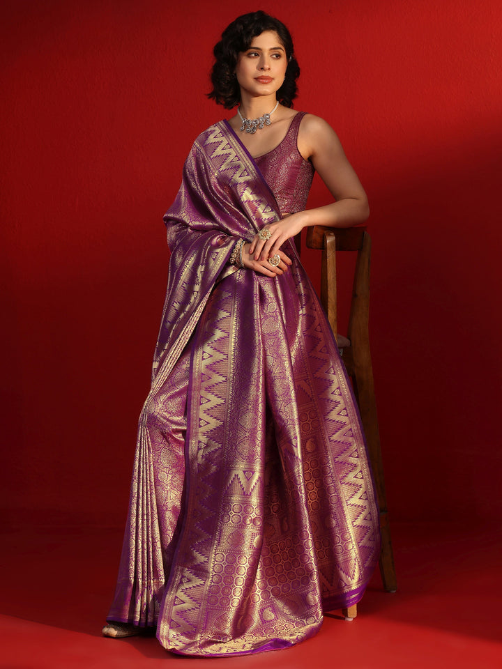 Libas Purple Ethnic Woven Design Silk Blend Tassel Saree