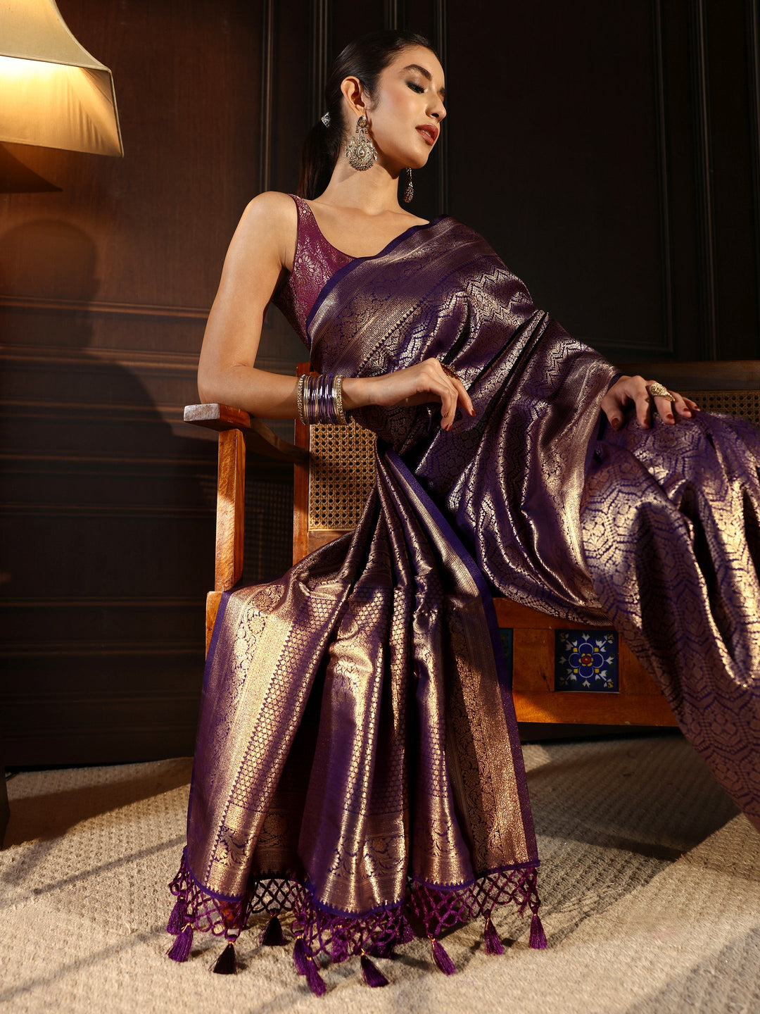 Libas Purple Ethnic Woven Design Silk Blend Tassel Saree