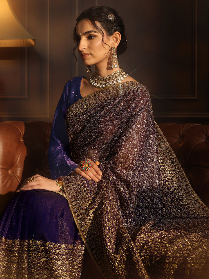 Libas Purple Floral Embroidered Net Saree