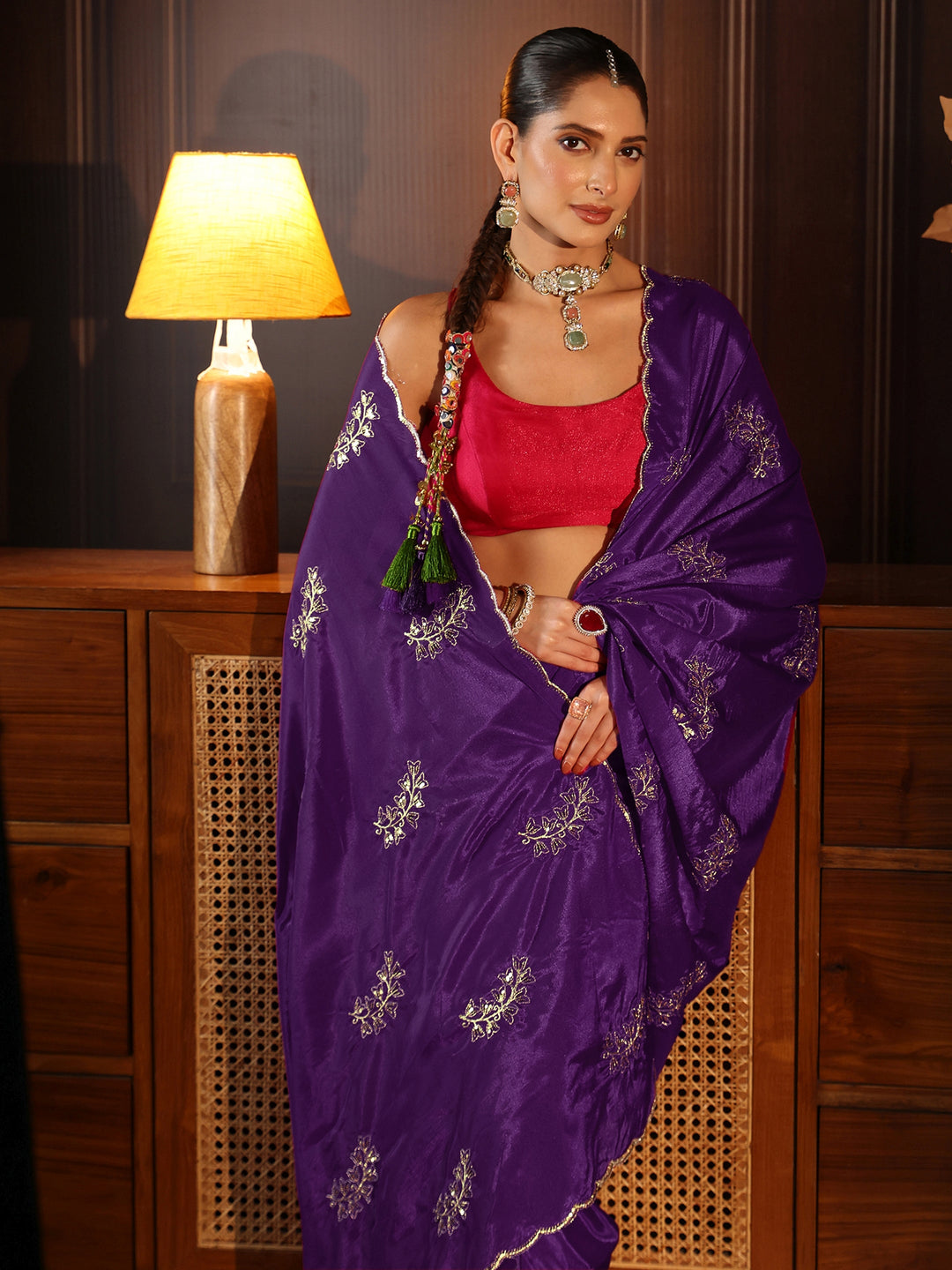 Libas Purple Floral Embroidered Satin Saree