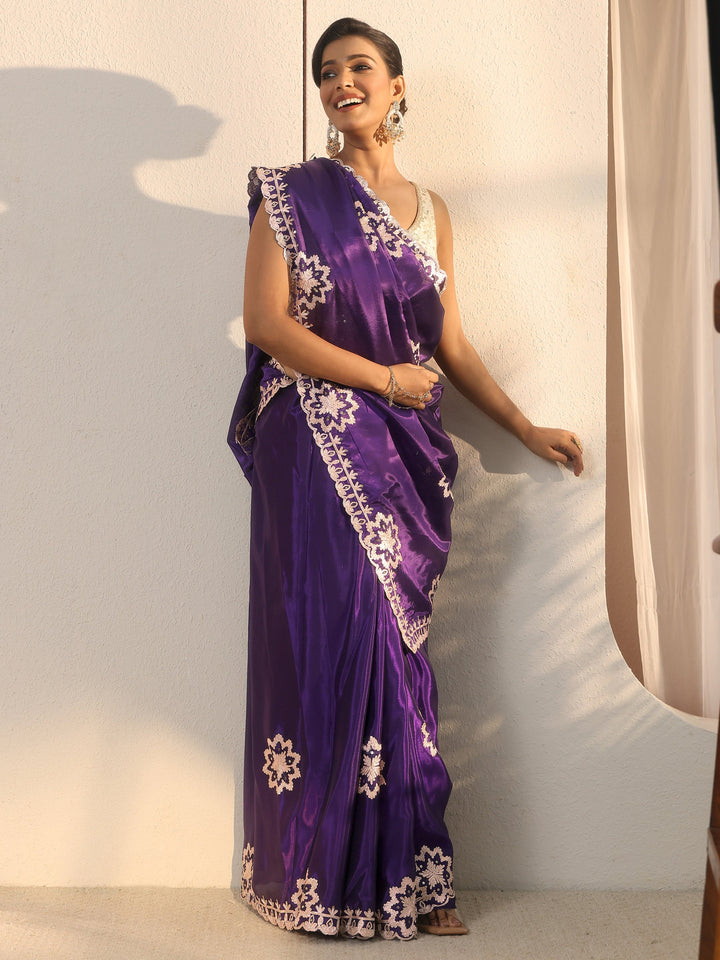Libas Purple Floral Embroidered Satin Saree