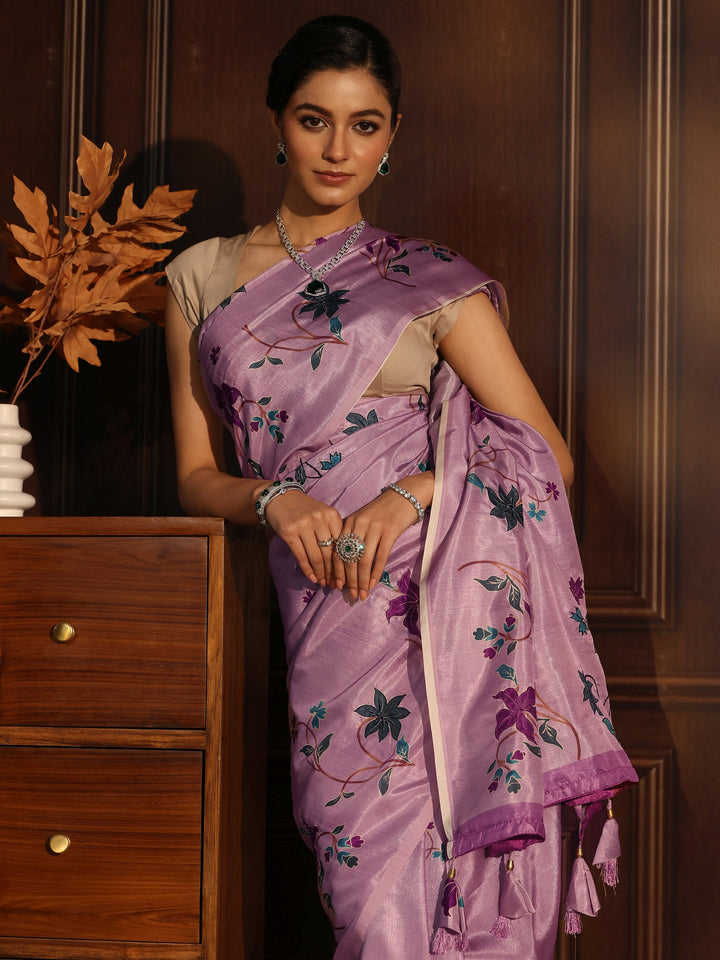 Libas Purple Floral Embroidered Silk Blend Saree