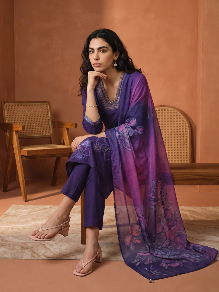 Libas Purple Floral Embroidered Silk Blend Straight Suit Set