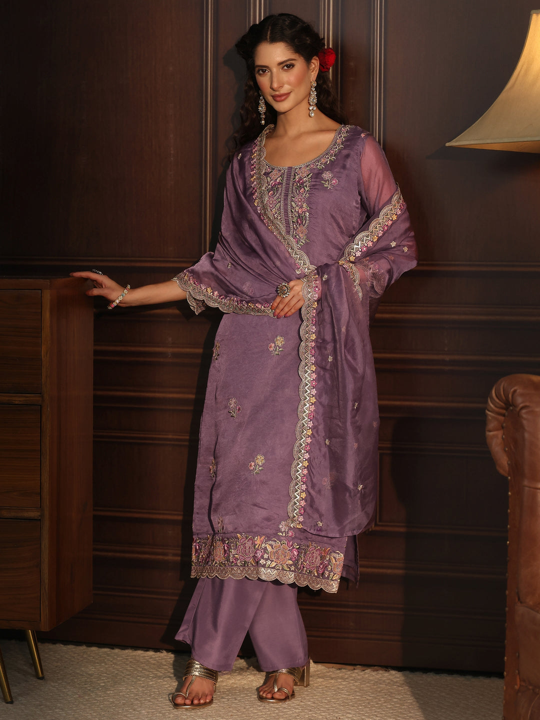 Libas Purple Floral Embroidered Tissue Straight Suit Set