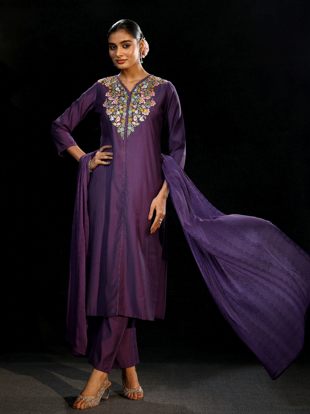 Libas Purple Floral Embroidered Yoke Design Silk Blend Straight Suit Set
