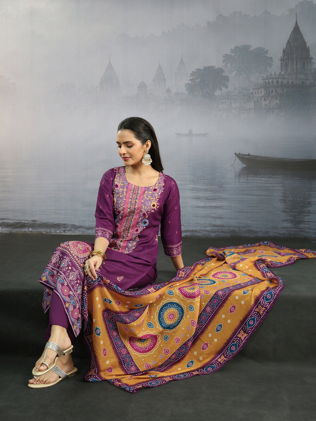 Libas Purple Floral Printed Cotton Straight Suit Set