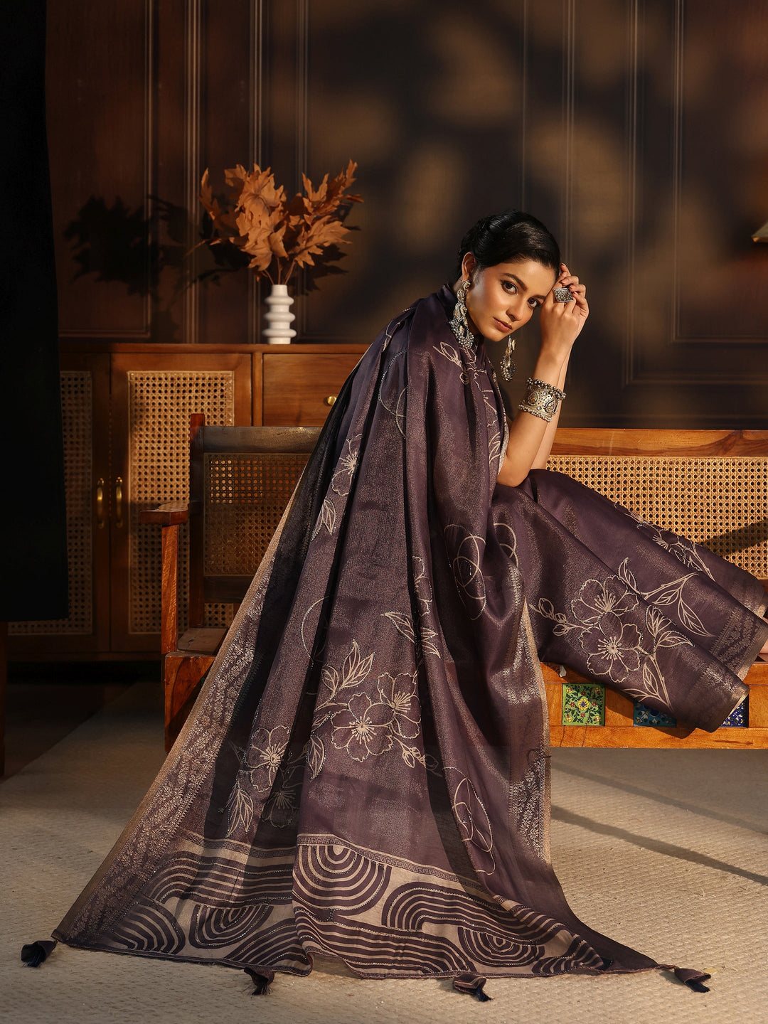 Libas Purple Floral Printed Embellished Silk Blend Saree
