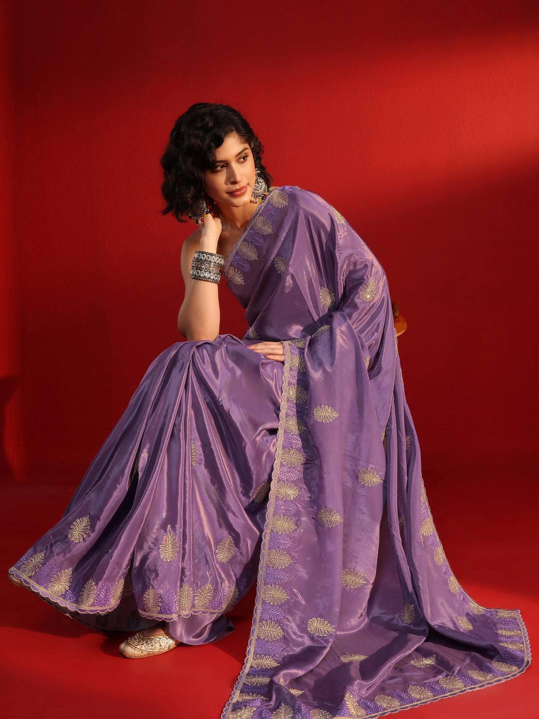 Libas Purple Floral Stone Work Embellished Satin Saree