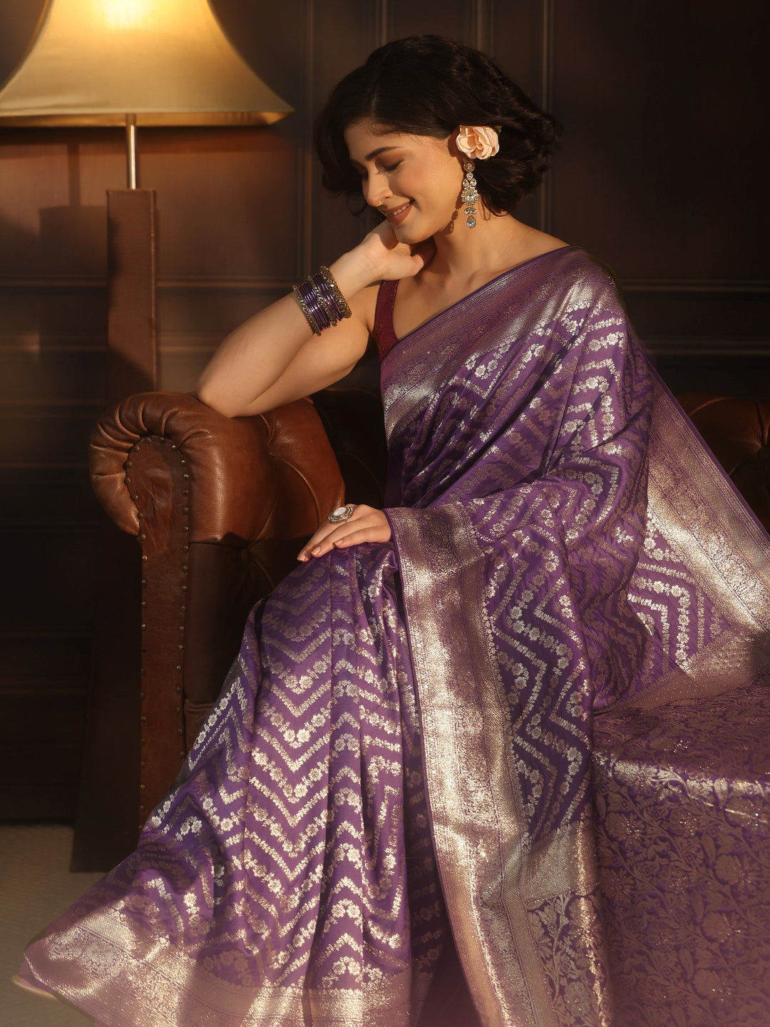 Libas Purple Floral Woven Design Brocade Saree