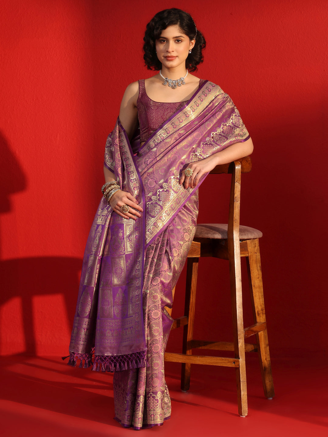Libas Purple Floral Woven Design Satin Tassel Saree