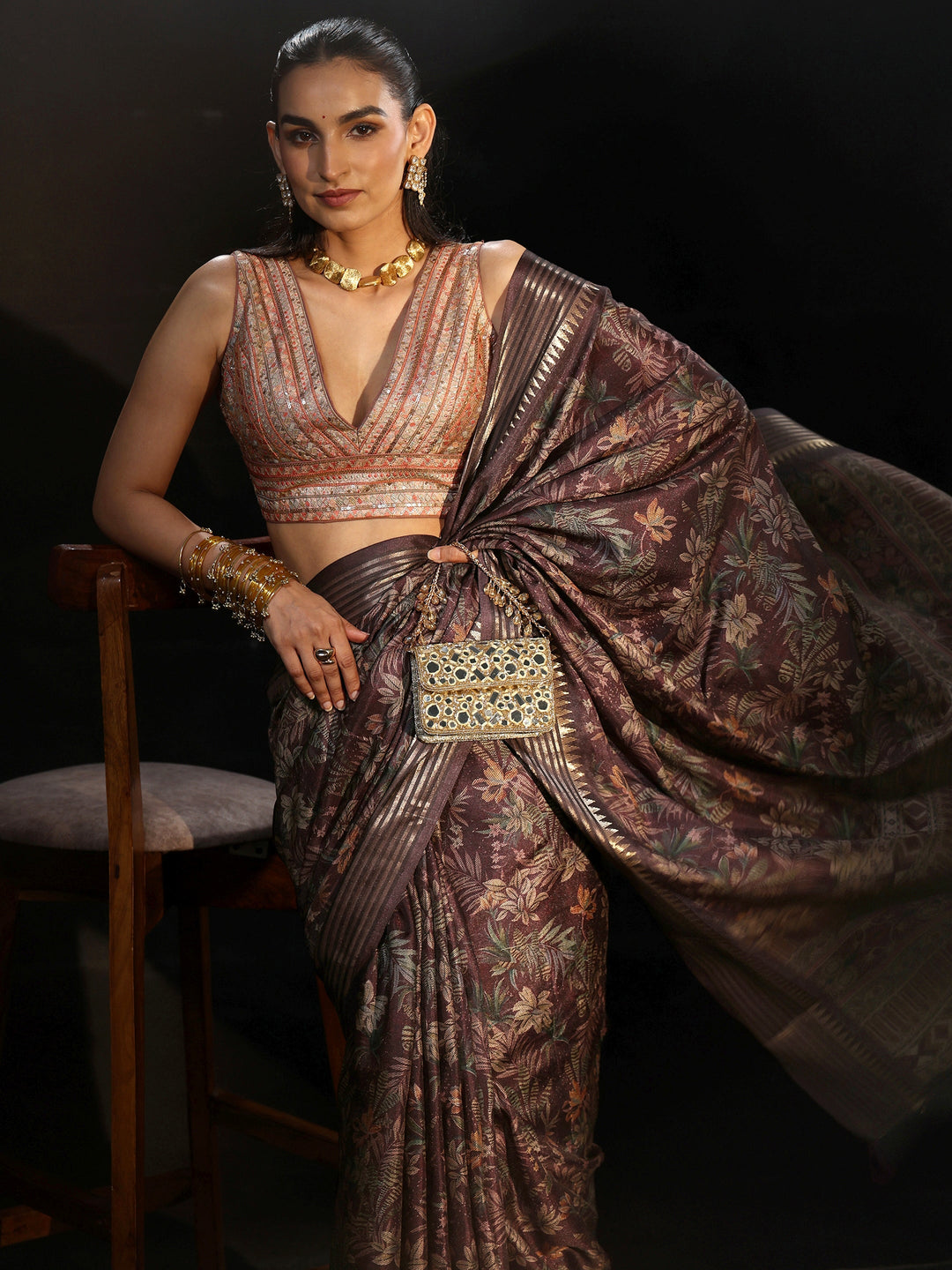 Libas Purple Floral Woven Design Silk Blend Saree
