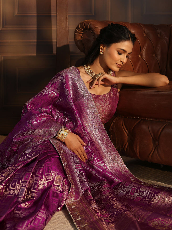 Libas Purple Floral Woven Design Silk Blend Saree with Stone Work