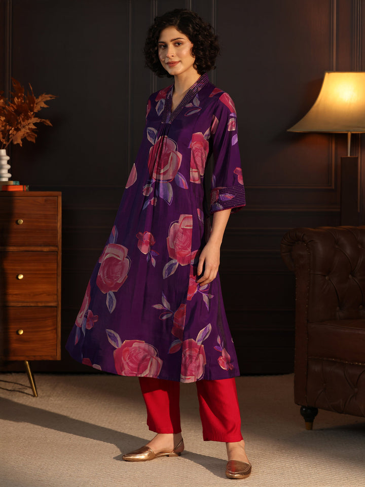 Libas Purple Floral printed A-Line Kurta