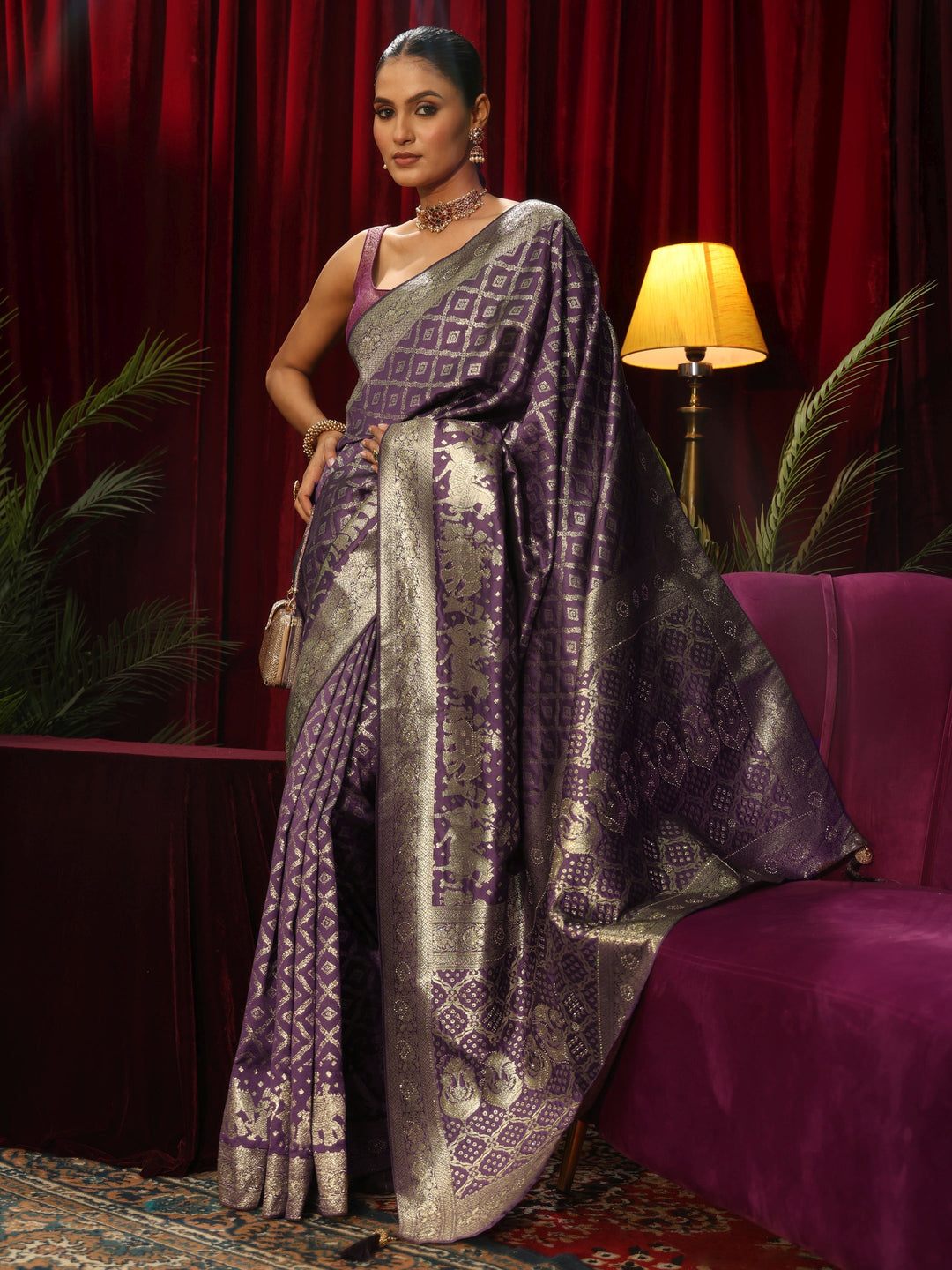 Libas Purple Geometric Woven Design Silk Blend Saree
