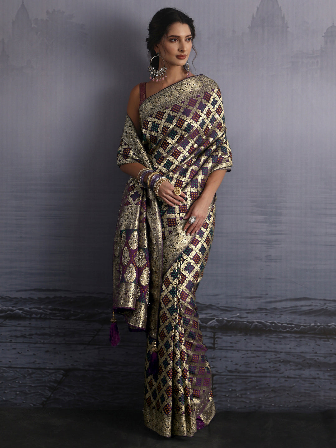 Libas Purple Gharchola Satin Saree