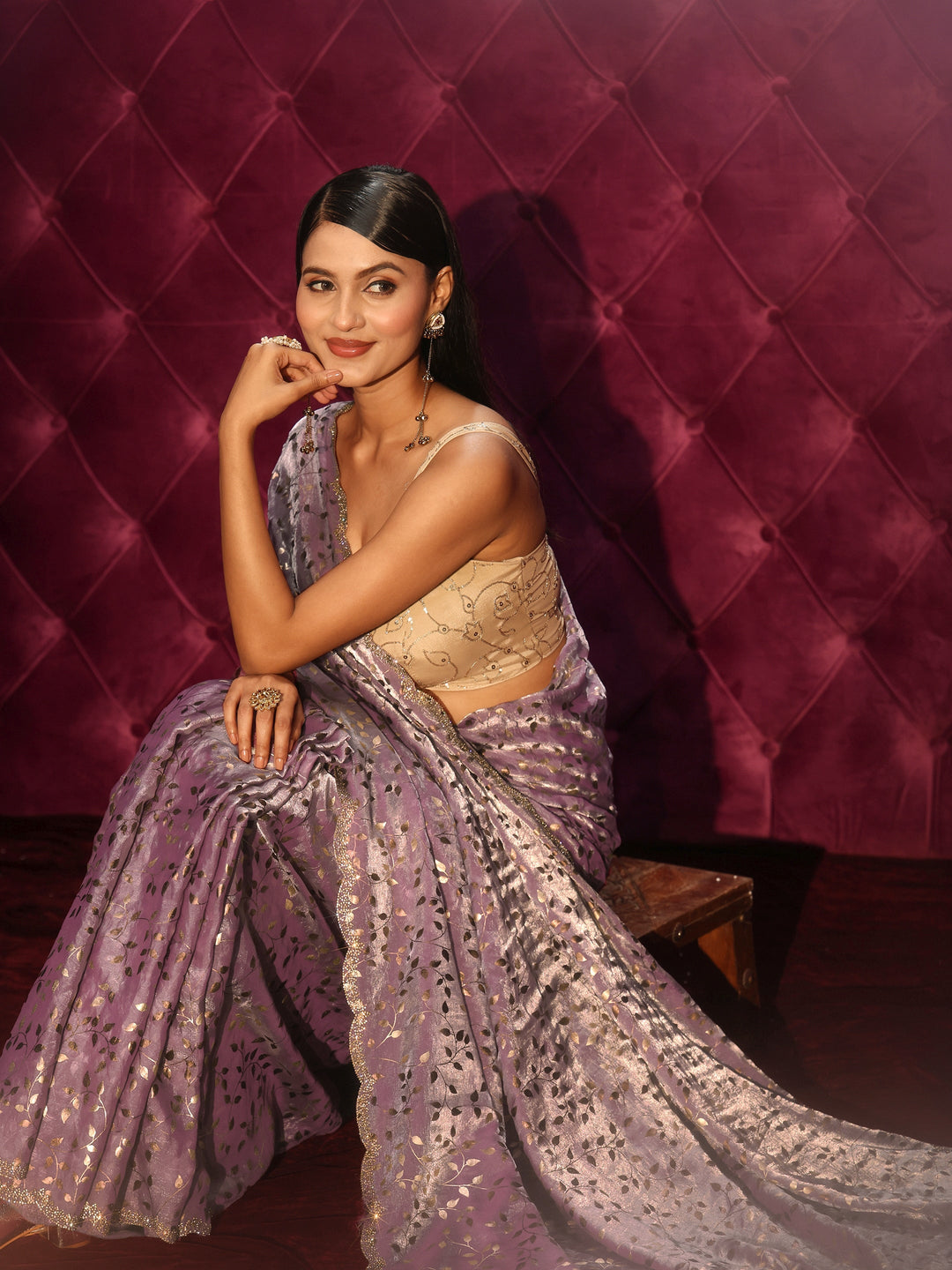 Libas Purple Leafy Foil Printed Tissue Saree with Embellished Scalloped Border