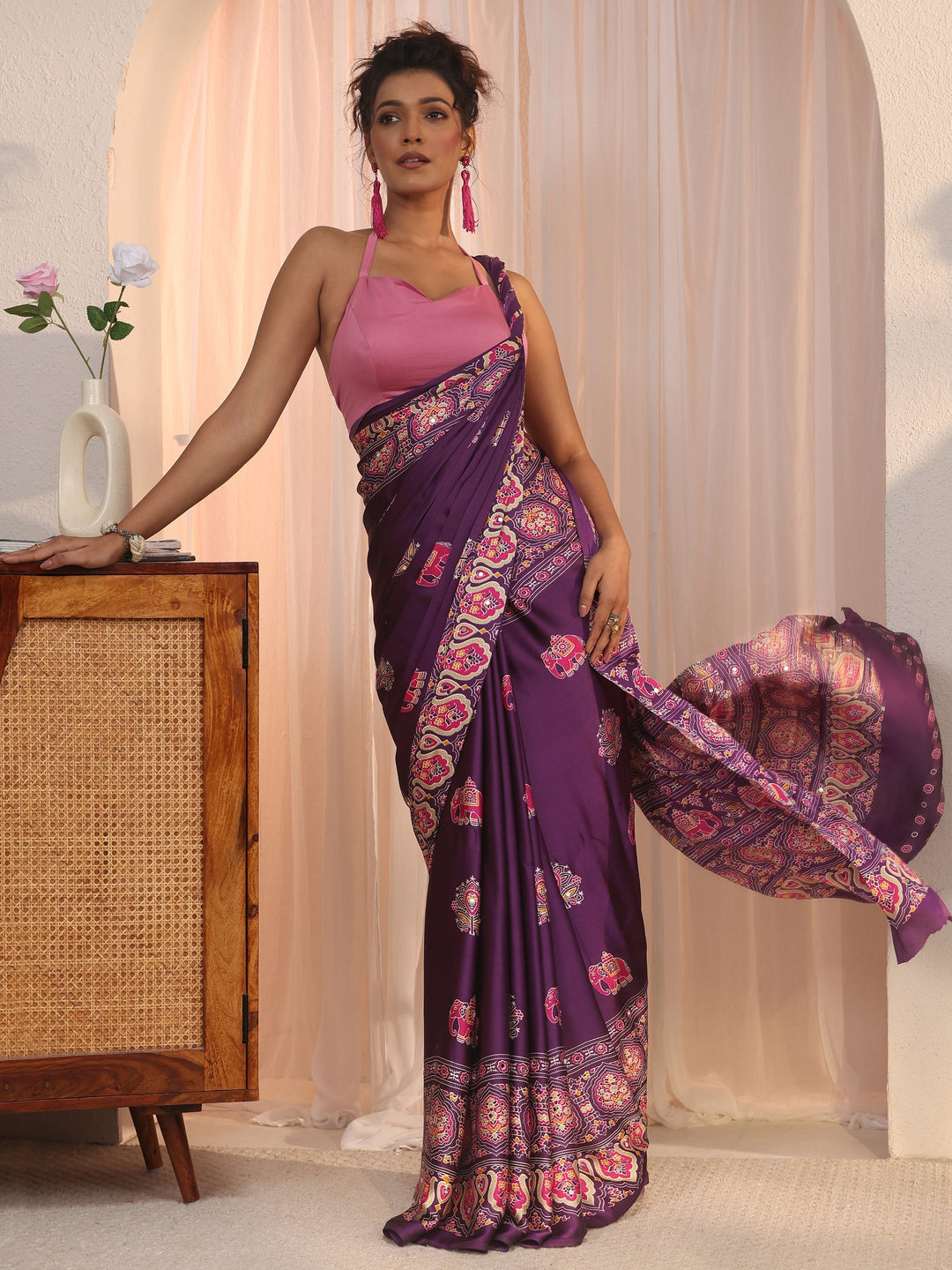 Libas Purple Mirror Work Ethnic Print Satin Saree