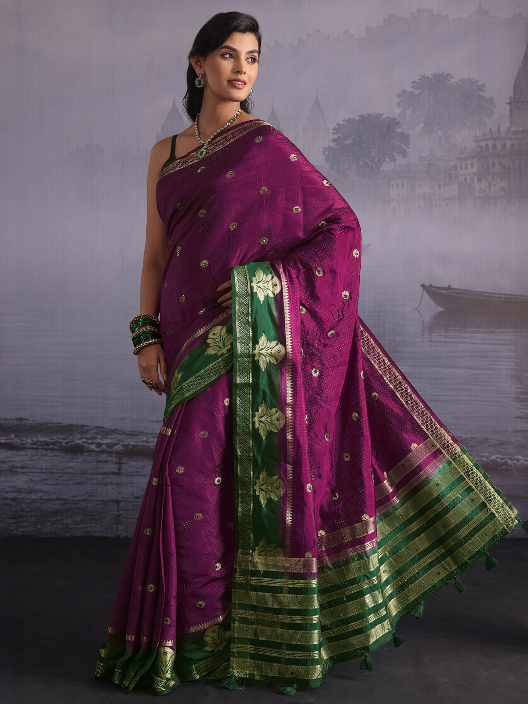 Libas Purple Mirror Work Silk Blend Saree with Woven Floral Border
