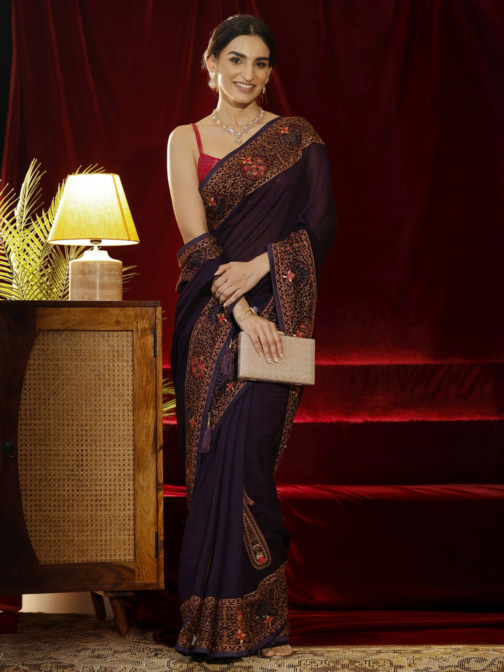 Libas Purple Paisley Embroidered Silk Blend Saree