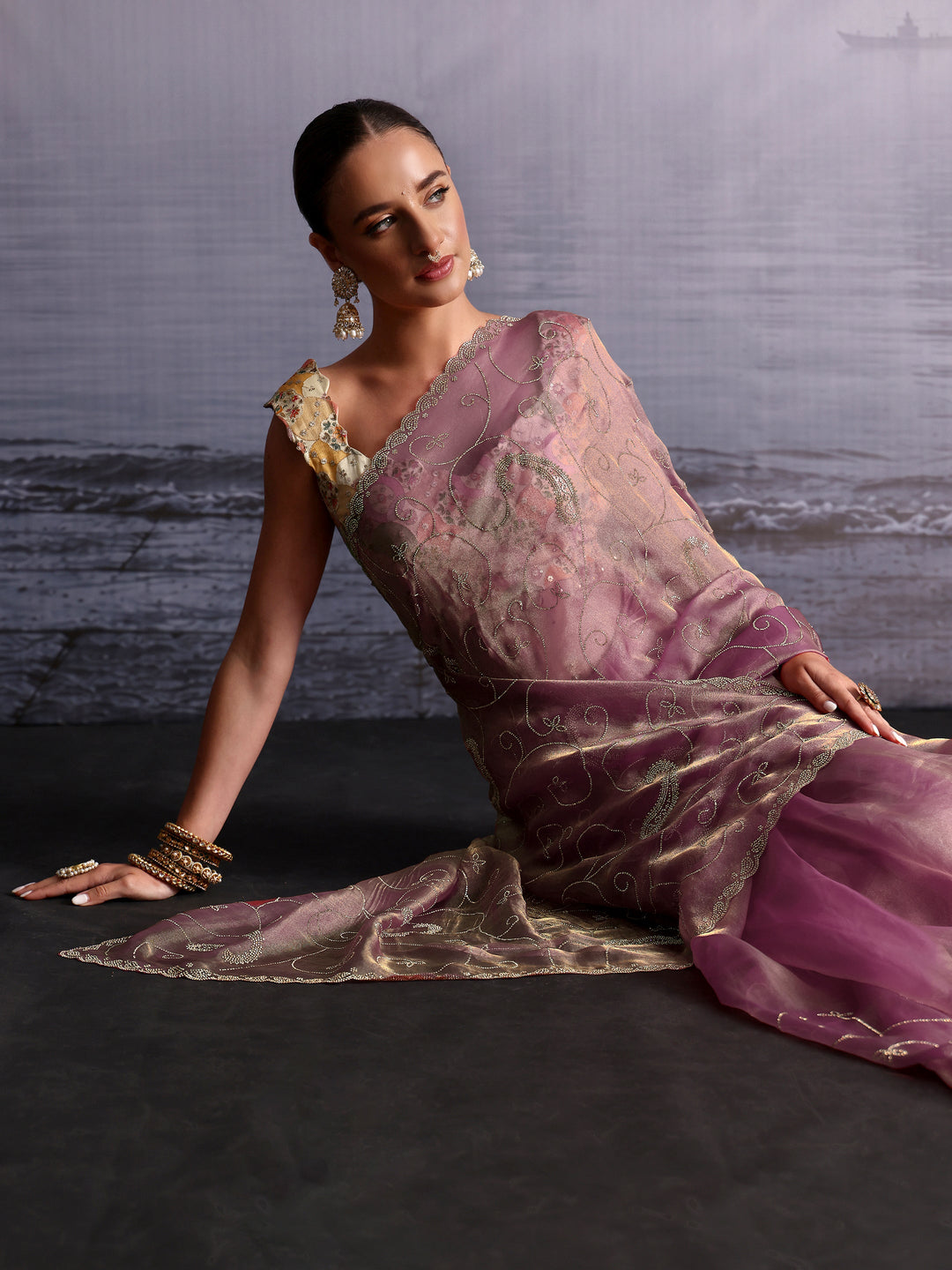 Libas Purple Paisley Stone Work Embellished Tissue Saree
