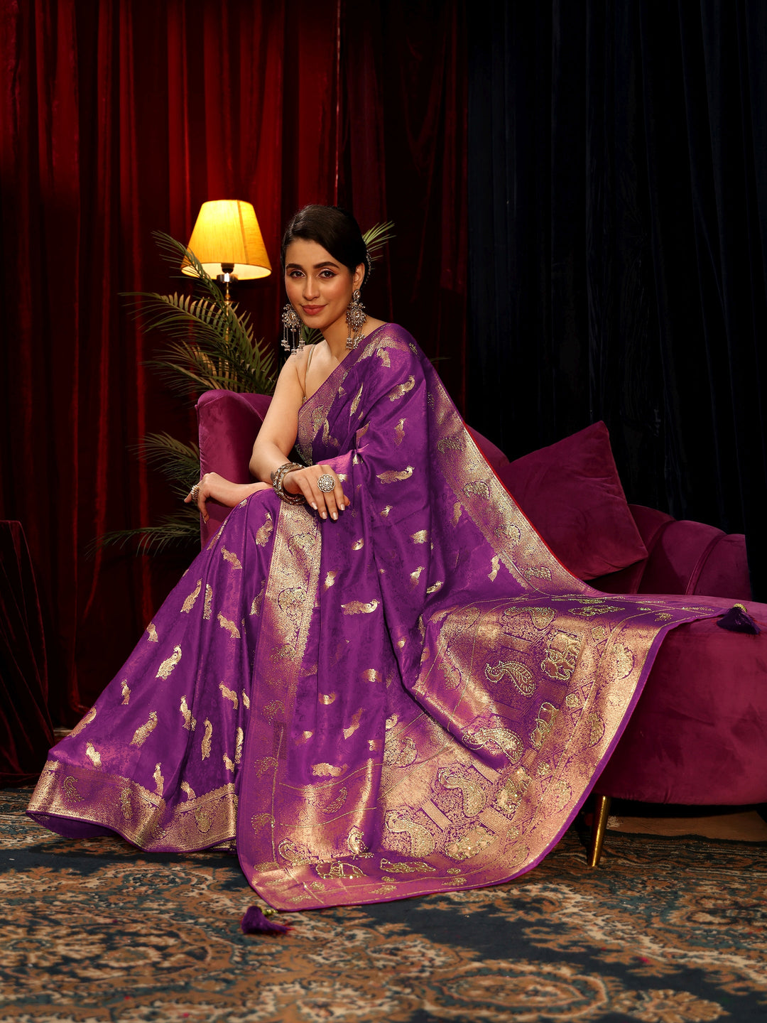 Libas Purple Peacock Woven Design Embellished Silk Blend Saree
