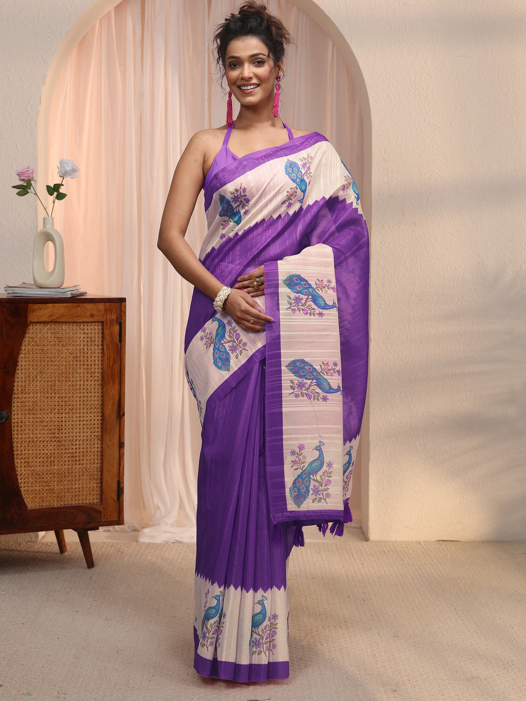 Libas Purple Peacock Woven Design Silk Blend Tassel Saree